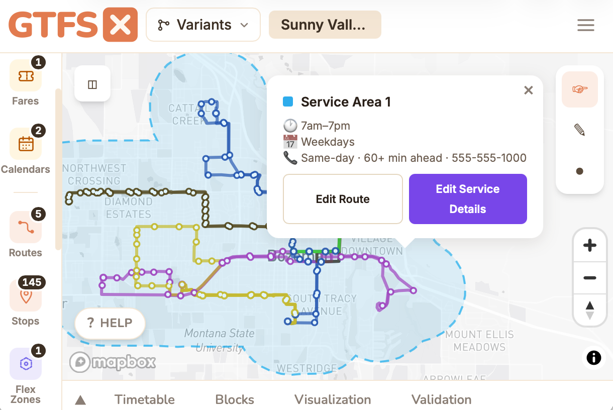 The GTFS·X editor with a GTFS-Flex demand-response service area and its booking-rules panel