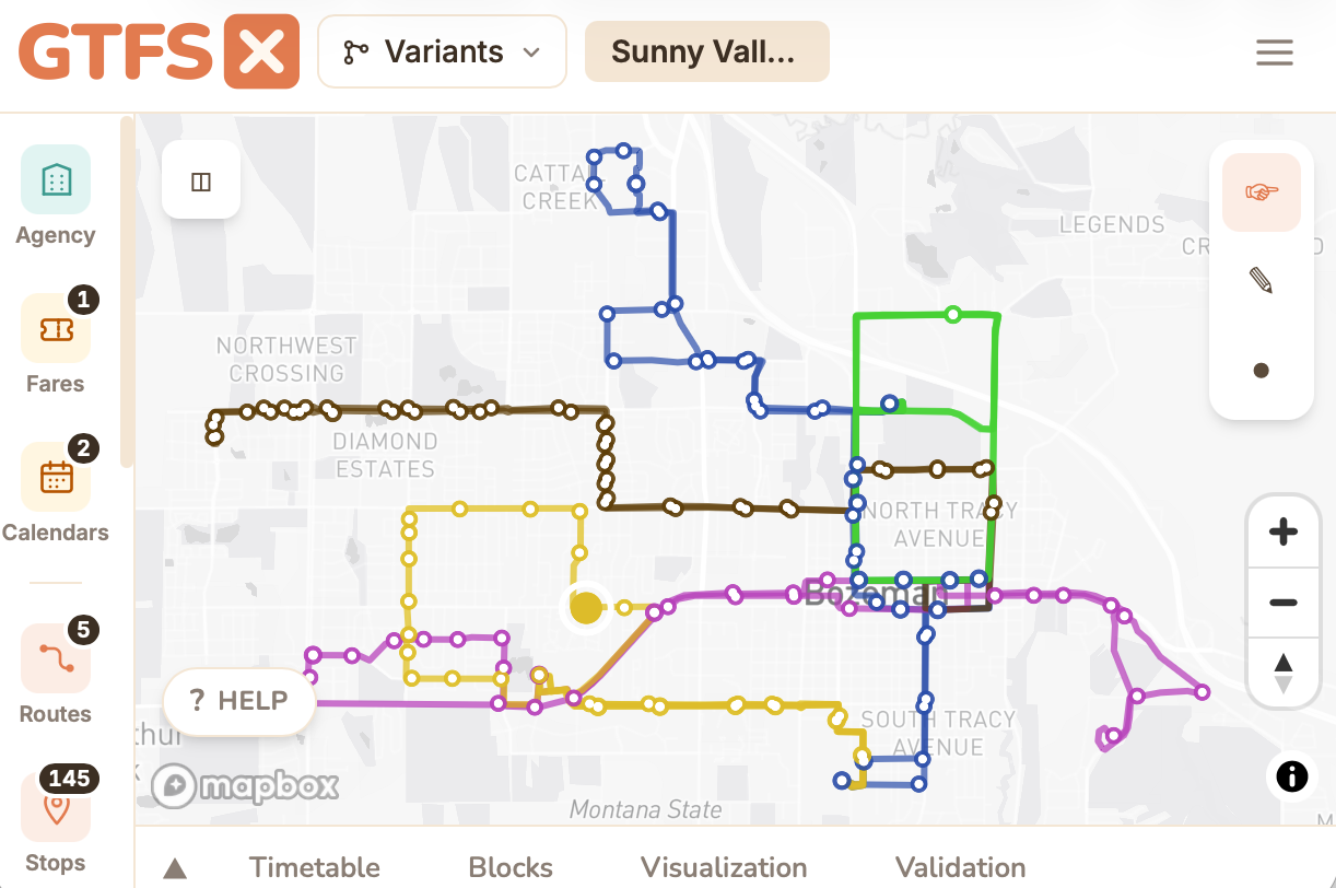 The GTFS·X editor showing bus routes and stops drawn on an interactive map